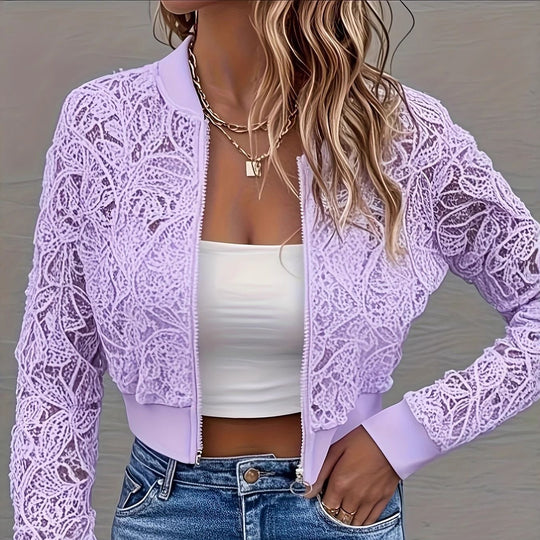 Damen Cropped Spitzen-Bomberjacke mit floraler Häkeloptik und Rippbündchen Shop Nory