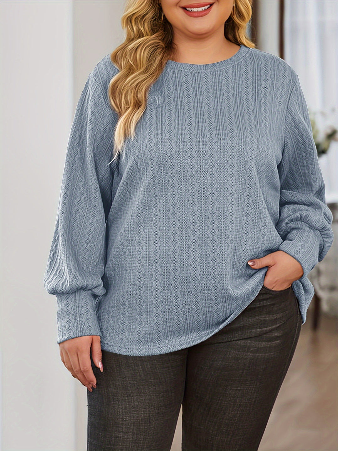 Damen Texturierter Oversize-Strickpullover mit Rundhalsausschnitt und Ballonärmeln Shop Nory