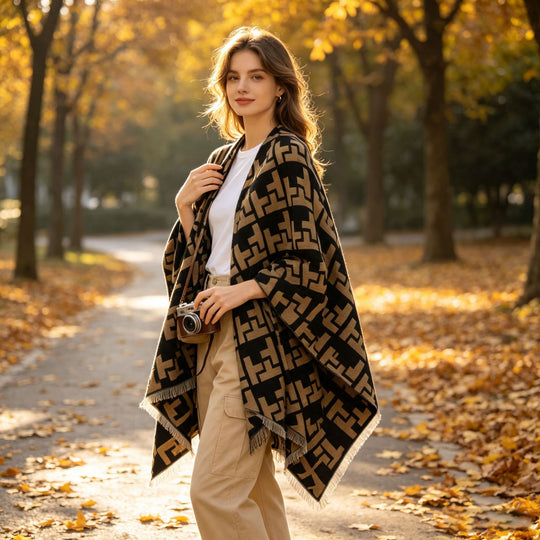 Damen Oversize Jacquard-Capeponcho aus Wollmix mit geometrischem Muster und Fransen Shop Nory