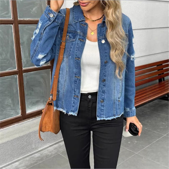 Damen Jeansjacke mit lässigen Destroyed-Ärmeln und rohem Saum Shop Nory