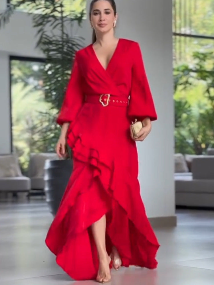 Damen Elegantes Wickel-Maxikleid mit Volants, tailliertem Gürtel & weitem Glockenärmel Shop Nory