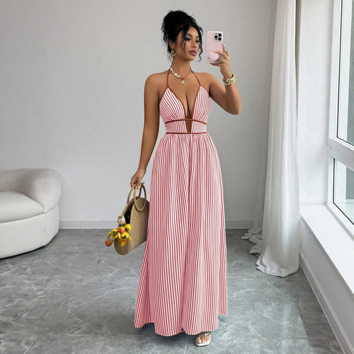 Damen Gestreiftes Neckholder-Maxikleid mit tiefem V-Ausschnitt und Taillen-Cut-Out Shop Nory