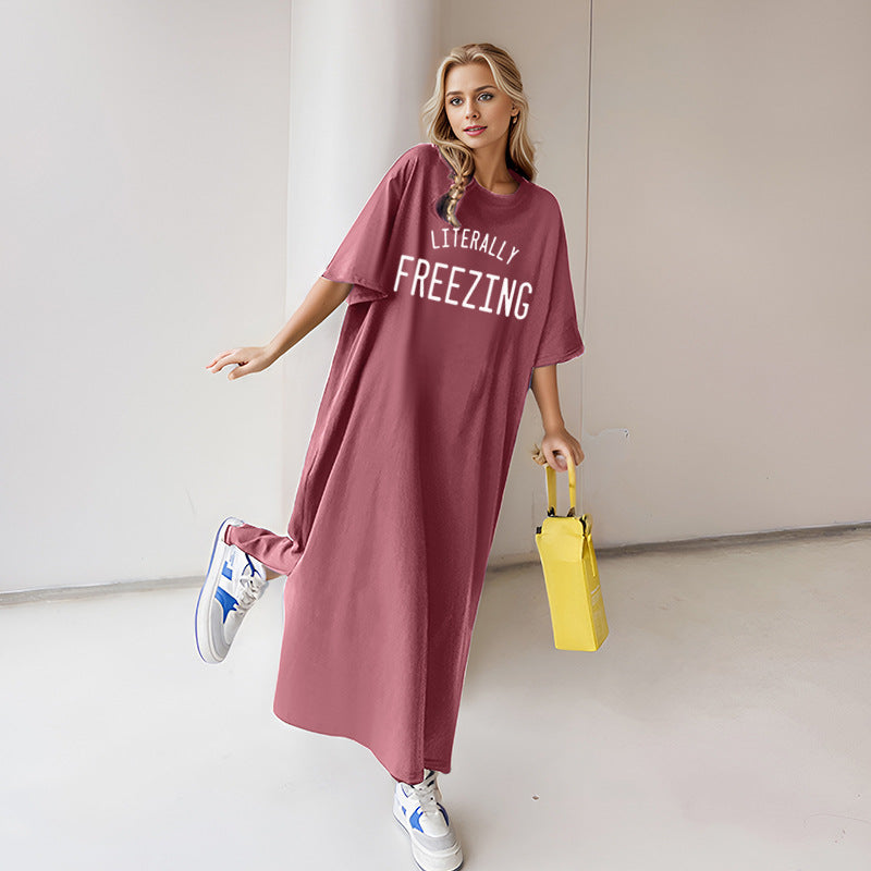 Damen nan lässiges Oversize Maxi-T-Shirt-Kleid mit Rundhals und Statement-Print Shop Nory