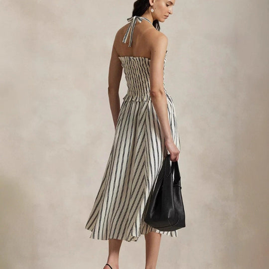 Damen nan Midikleid mit gerafftem Smock-Oberteil, abnehmbarem Neckholder und Eingrifftaschen Shopnory