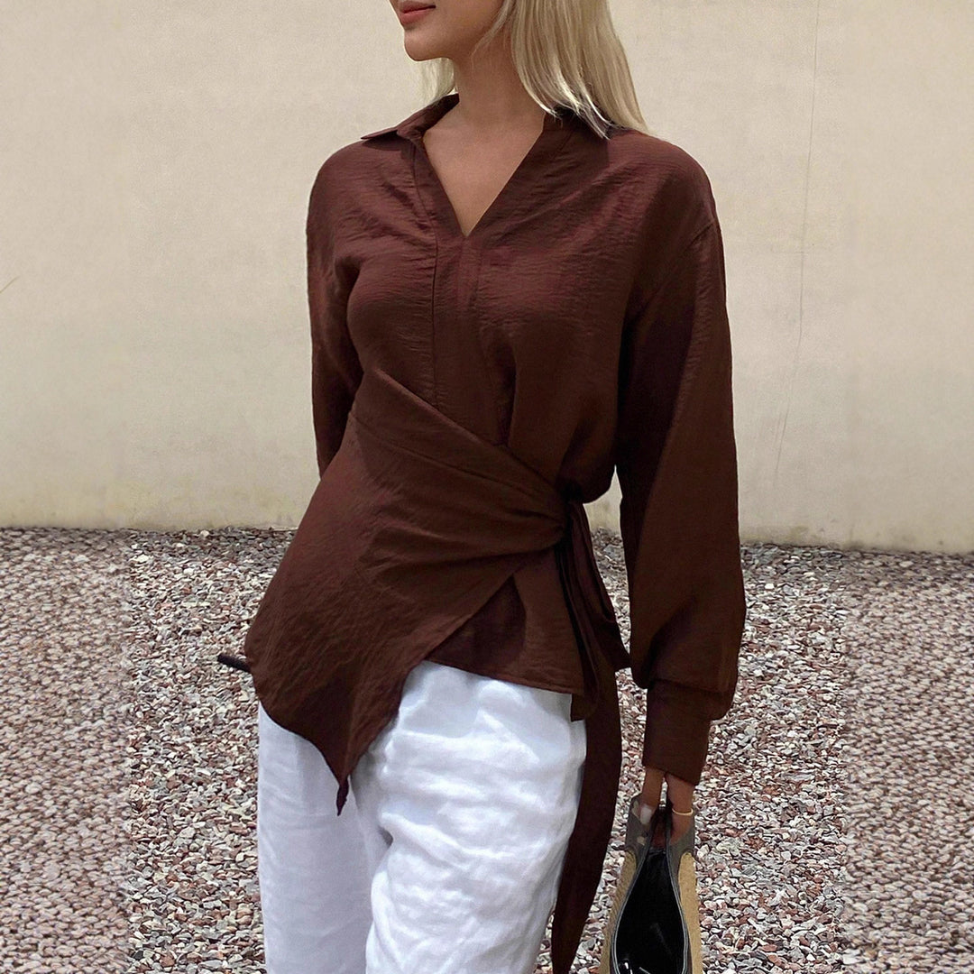 Damen Asymmetrische V‑Ausschnitt Bluse mit Hemdkragen und Ballonärmeln Shop Nory