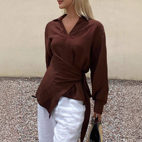 Damen Asymmetrische V‑Ausschnitt Bluse mit Hemdkragen und Ballonärmeln Shop Nory
