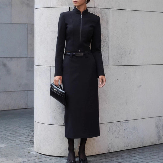 Damen Elegantes Etuikleid mit schmalem Stehkragen und Reißverschluss Shopnory
