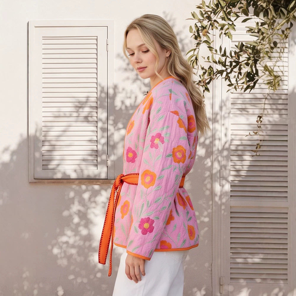 Damen Gestepptes Blumen-Kimono mit Bindegürtel Shop Nory