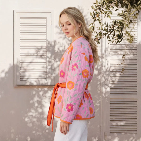 Damen Gestepptes Blumen-Kimono mit Bindegürtel Shop Nory