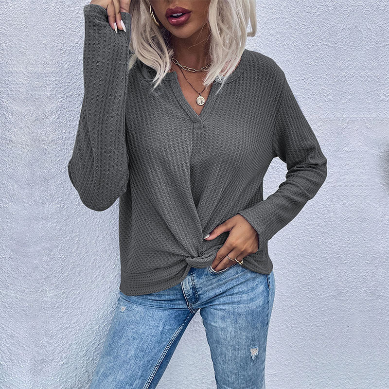 Damen Waffelstrick-Longsleeve mit V‑Ausschnitt und Knotenfront Shop Nory