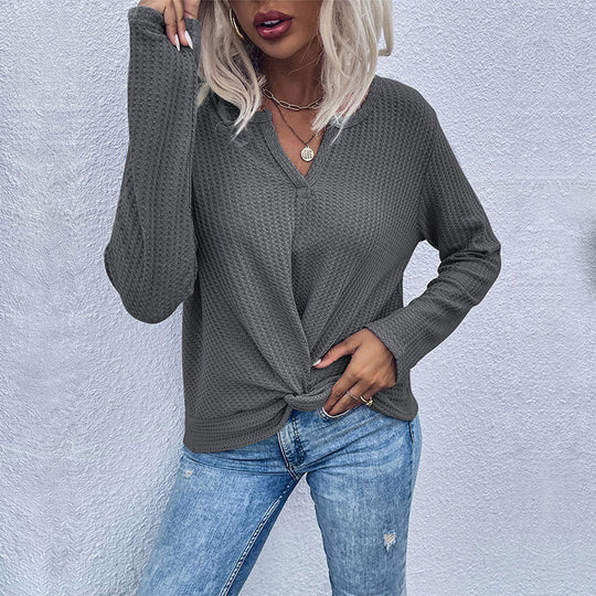 Damen Waffelstrick-Longsleeve mit V‑Ausschnitt und Knotenfront Shop Nory
