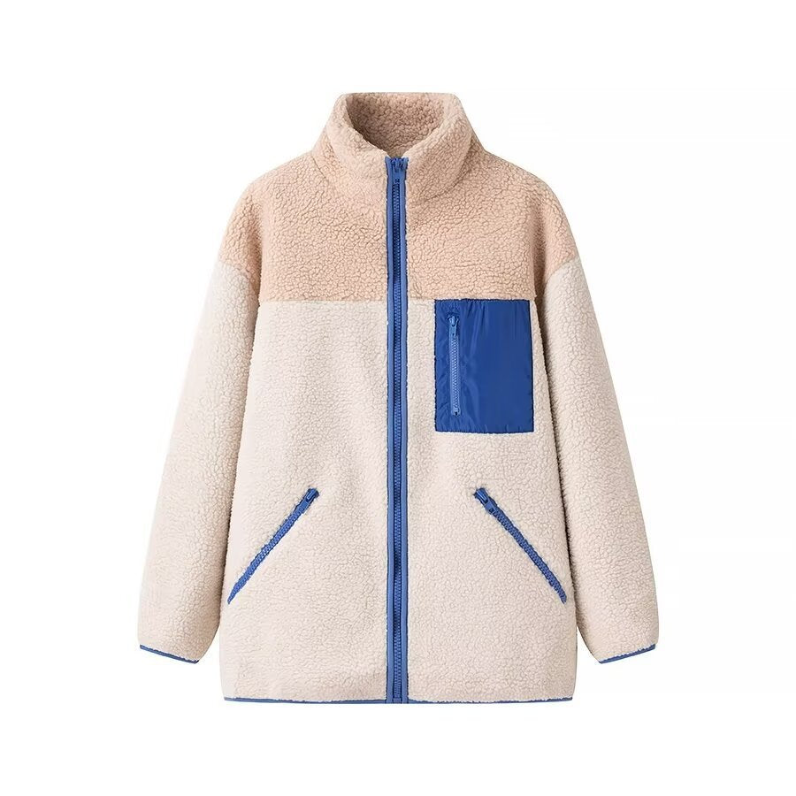 Damen Oversize Teddy-Fleecejacke mit Stehkragen, Reißverschlusstaschen und Nylon-Brusttasche Shop Nory