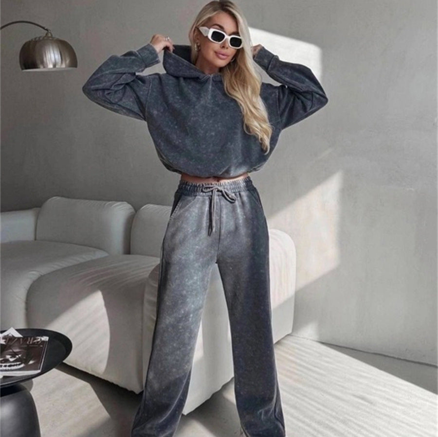 Damen kurz geschnittenes Kapuzenhoodie und hoch geschnittene Jogginghose Set Shop Nory