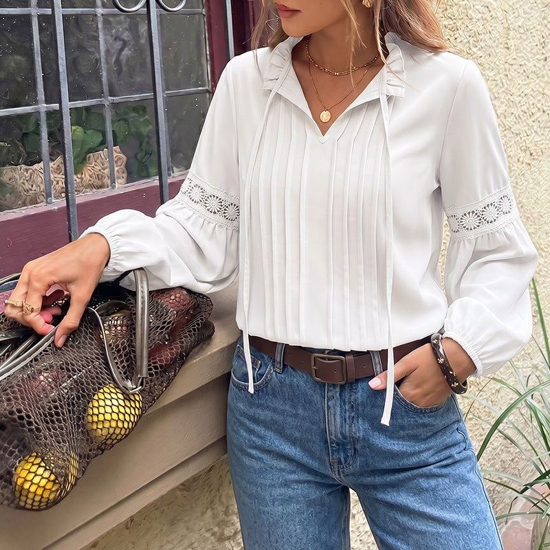 Damen Plissierte Chiffonbluse mit Schleifenkragen und Spitzeneinsatz Shop Nory