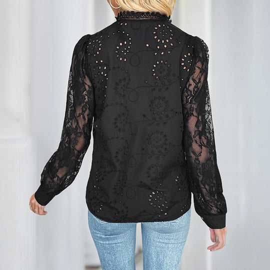 Damen Spitzenbluse mit Lochstickerei, Stehkragen und transparenten Puffärmeln Shop Nory