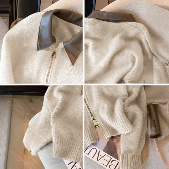 Damen nan kurz geschnittener Strickblouson mit Kunstlederkragen und goldfarbenem Metallreißverschluss Shop Nory