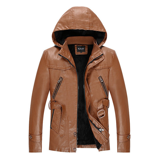 Herren gefütterte Kunstlederjacke mit Kapuze, warmem Teddyfutter und Gürteldetail Shop Nory