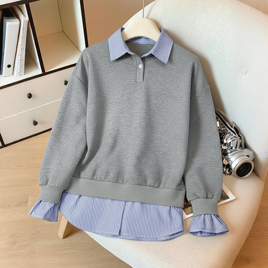 Damen Lagen-Look Sweatshirt mit eingearbeitetem Hemdsaum und Rüschenmanschetten Shop Nory
