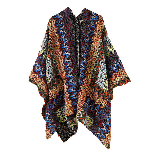 Damen Grobgestrickter Ethno-Ruana-Poncho mit Zickzack‑Jacquard und offenem Fall Shop Nory