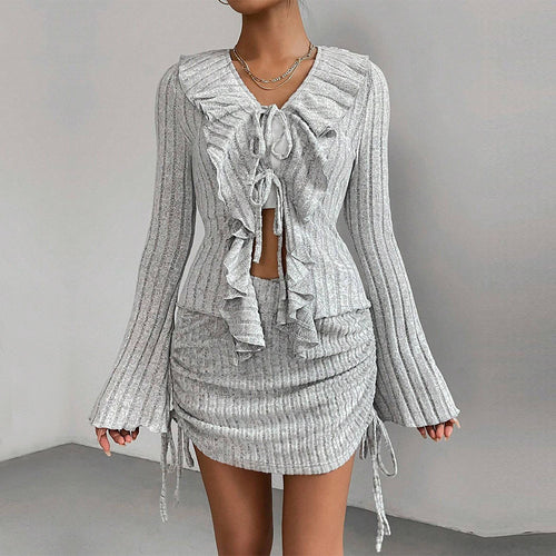 Damen gerippter Rüschencardigan mit Bindebändern und gerafftem Minirock-Set Shop Nory