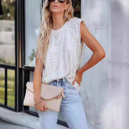 Damen Glitzernde Rundhalsbluse