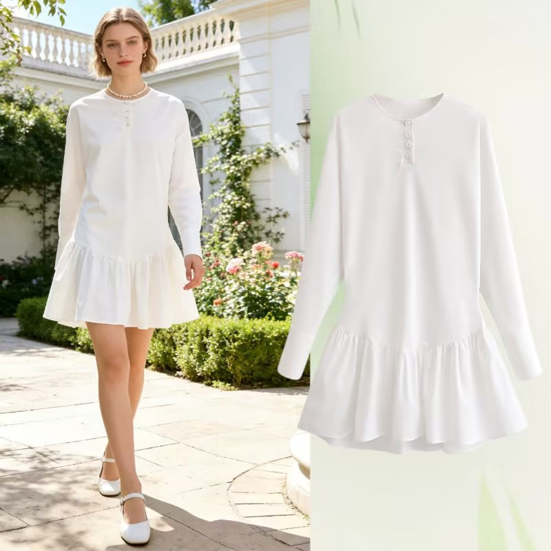 Damen Lockeres Longsleeve Tunika-Kleid mit Henley-Knopfleiste und Stufenrock Shop Nory