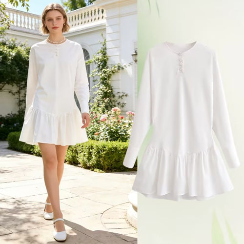Damen Lockeres Longsleeve Tunika-Kleid mit Henley-Knopfleiste und Stufenrock Shop Nory