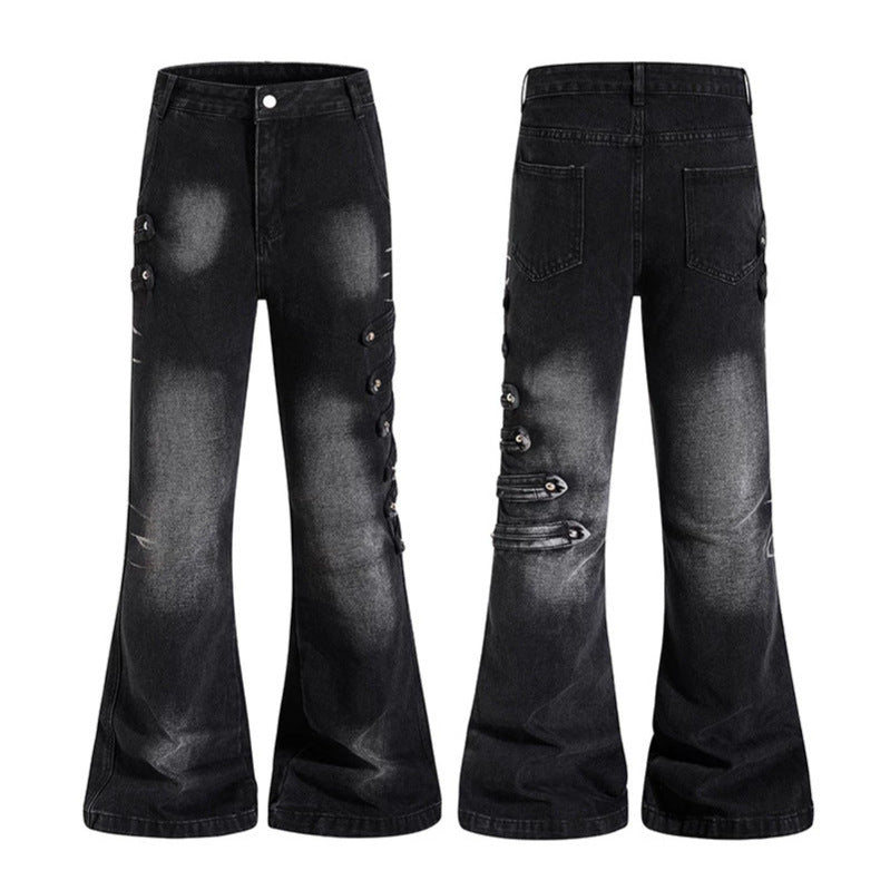 Damen Weite Jeanshose mit Used‑Effekt und seitlichen Zierknopfleisten Shop Nory