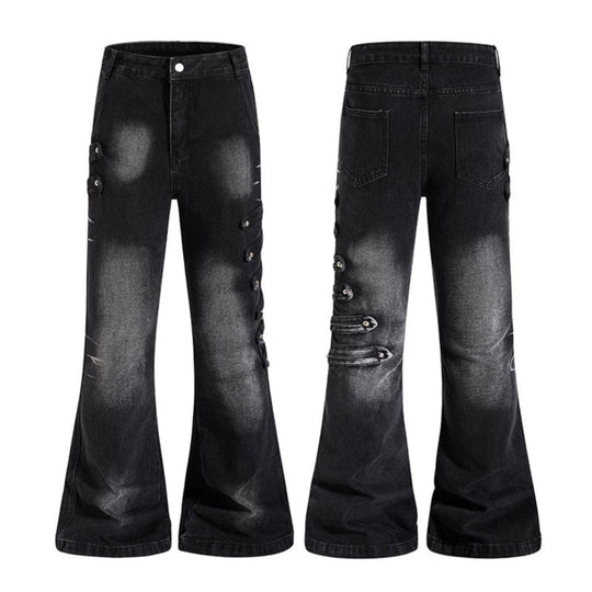 Damen Weite Jeanshose mit Used‑Effekt und seitlichen Zierknopfleisten Shop Nory