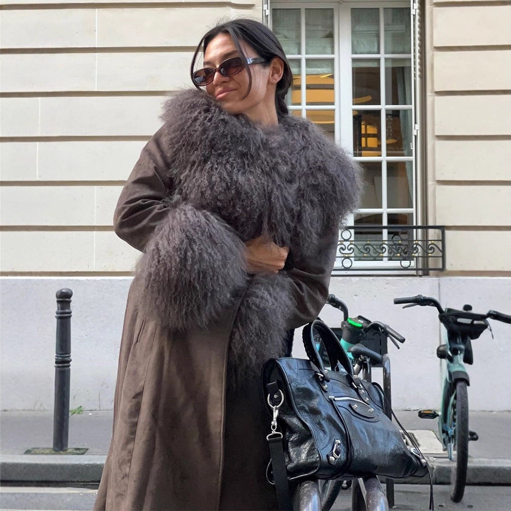 Damen Mantel aus Veloursleder‑Optik mit voluminösem Faux‑Fur‑Schalkragen, Fellmanschetten & Taillengürtel Shop Nory