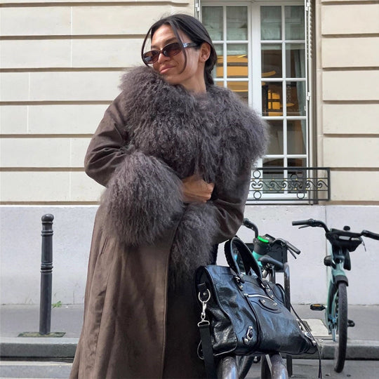 Damen Mantel aus Veloursleder‑Optik mit voluminösem Faux‑Fur‑Schalkragen, Fellmanschetten & Taillengürtel Shop Nory