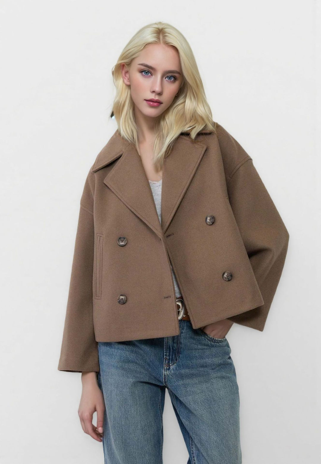 Damen Kurzer Doppelreihiger Wollmix-Mantel mit Oversize-Revers Shop Nory