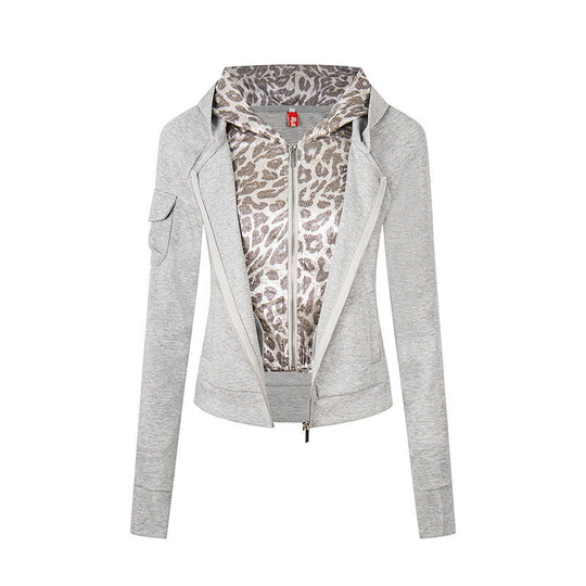 Damen Lagenlook-Zip-Hoodie mit metallischem Leoparden-Innenfutter und schmaler Silhouette Shop Nory