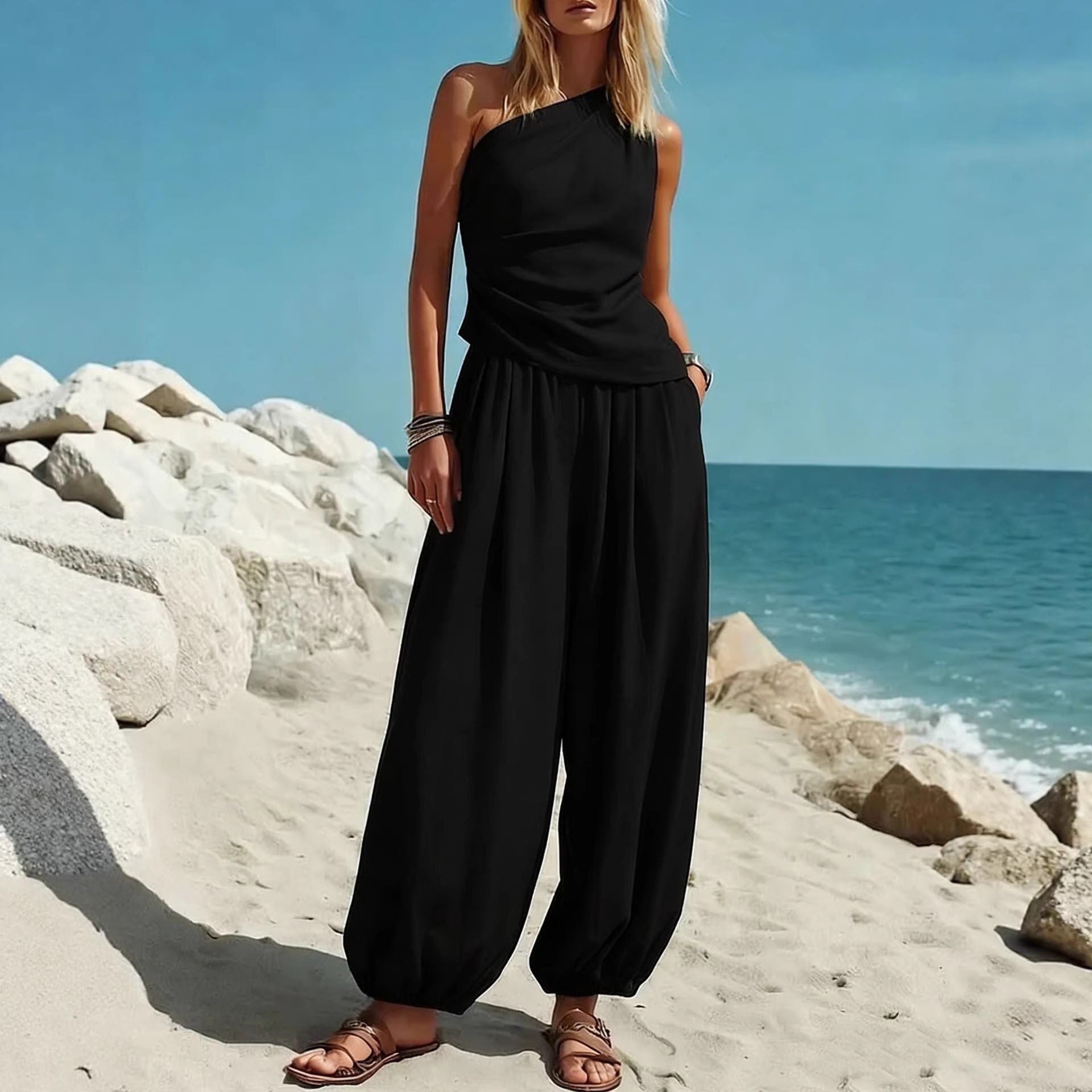 Damen Elegantes Einteiler-Outfit mit Fließendem Schnitt und One-Shoulder-Design