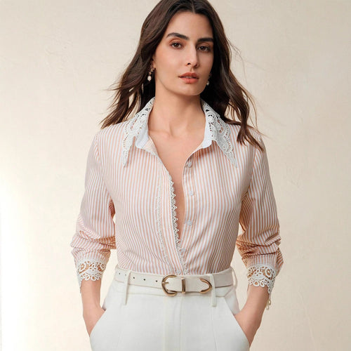 Damen Gestreifte Bluse mit Spitzenkragen und Spitzeneinsätzen Shop Nory