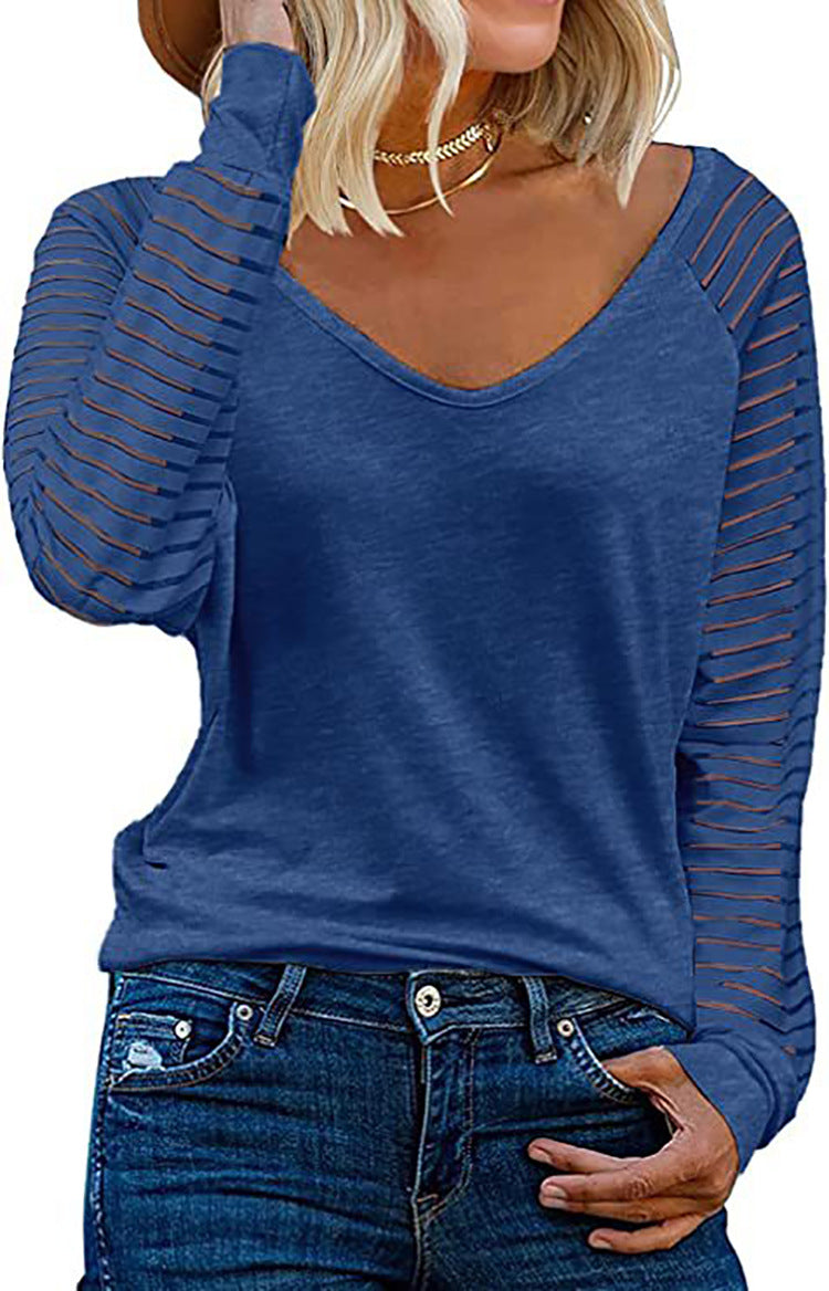 Damen Langärmliges V-Ausschnitt Shirt mit gestreiften Ärmeln