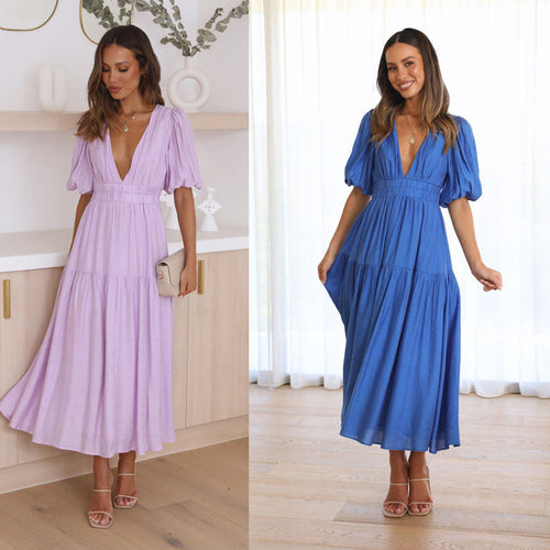 Damen Maxikleid mit tiefem V-Ausschnitt und schwingendem Rock