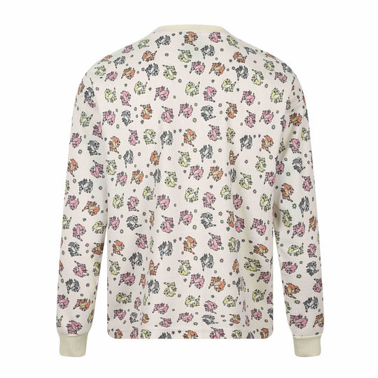 Damen Waffel‑Thermalshirt mit verspieltem Allover‑Print und geripptem Rundhals Shop Nory