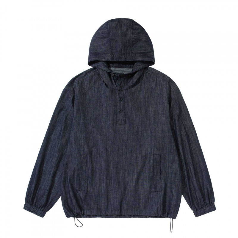 Unisex Denim-Blend Kapuzenpullover im Overshirt-Stil mit Henley-Knopfleiste Shop Nory