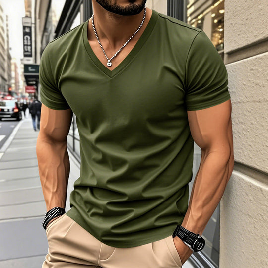 Herren nan klassisches V-Ausschnitt T-Shirt aus feinem Baumwolljersey mit verstärktem Nackenband und Doppelnaht Shopnory