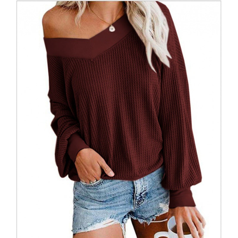 Damen Lockerer Waffelstrick-Pullover mit weitem Off-Shoulder-Ausschnitt und Oversize-Schnitt Shop Nory