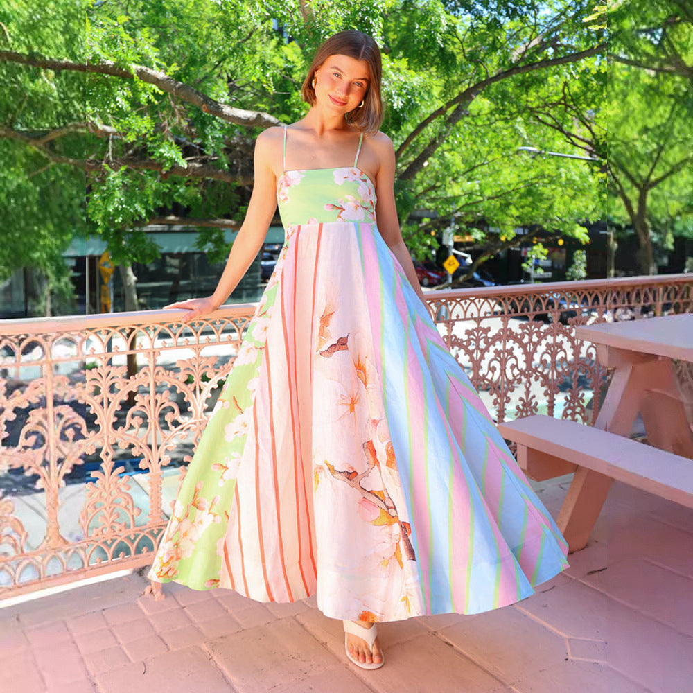 Damen Maxikleid mit floralem und gestreiftem Design