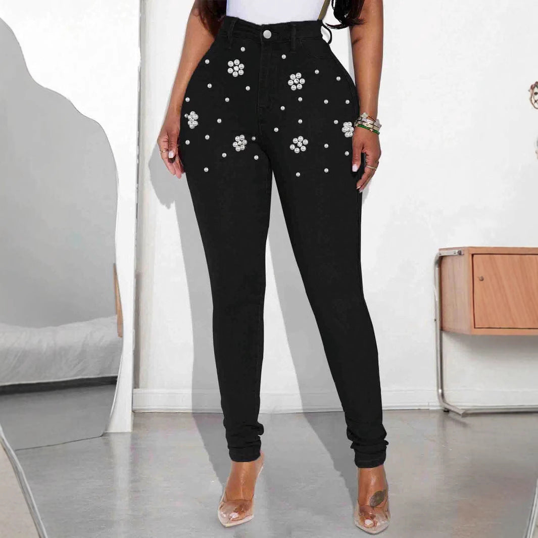 Damen Hochtaillierte Skinny-Jeans mit Perlen- und Kristallblütenverzierung Shop Nory