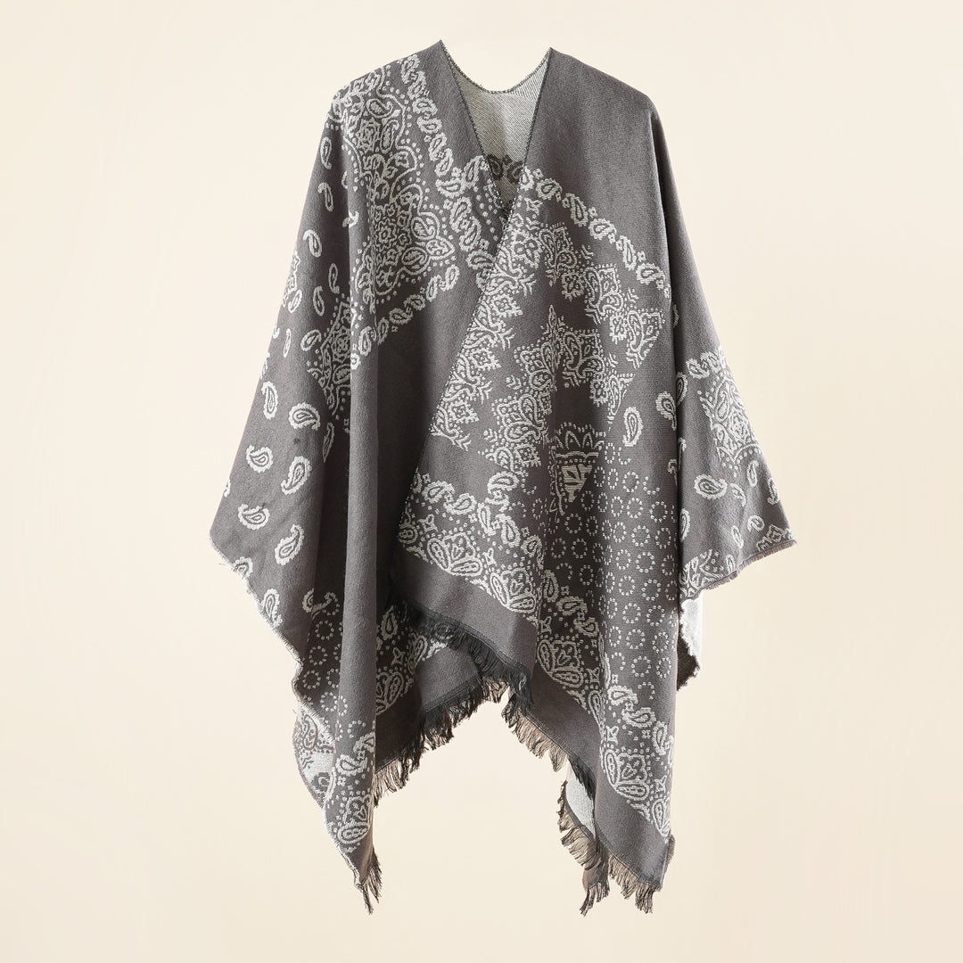 Damen Jacquard-Umhangponcho mit Paisley-Muster und Fransen Shop Nory