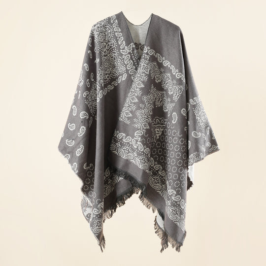 Damen Jacquard-Umhangponcho mit Paisley-Muster und Fransen Shop Nory