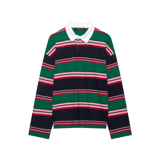 Damen Oversize Rugby-Poloshirt mit weißem Kentkragen und breiten Querstreifen Shop Nory