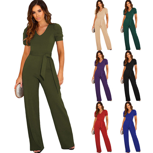 Damen Eleganter Jumpsuit mit Taillengürtel und Puffärmel