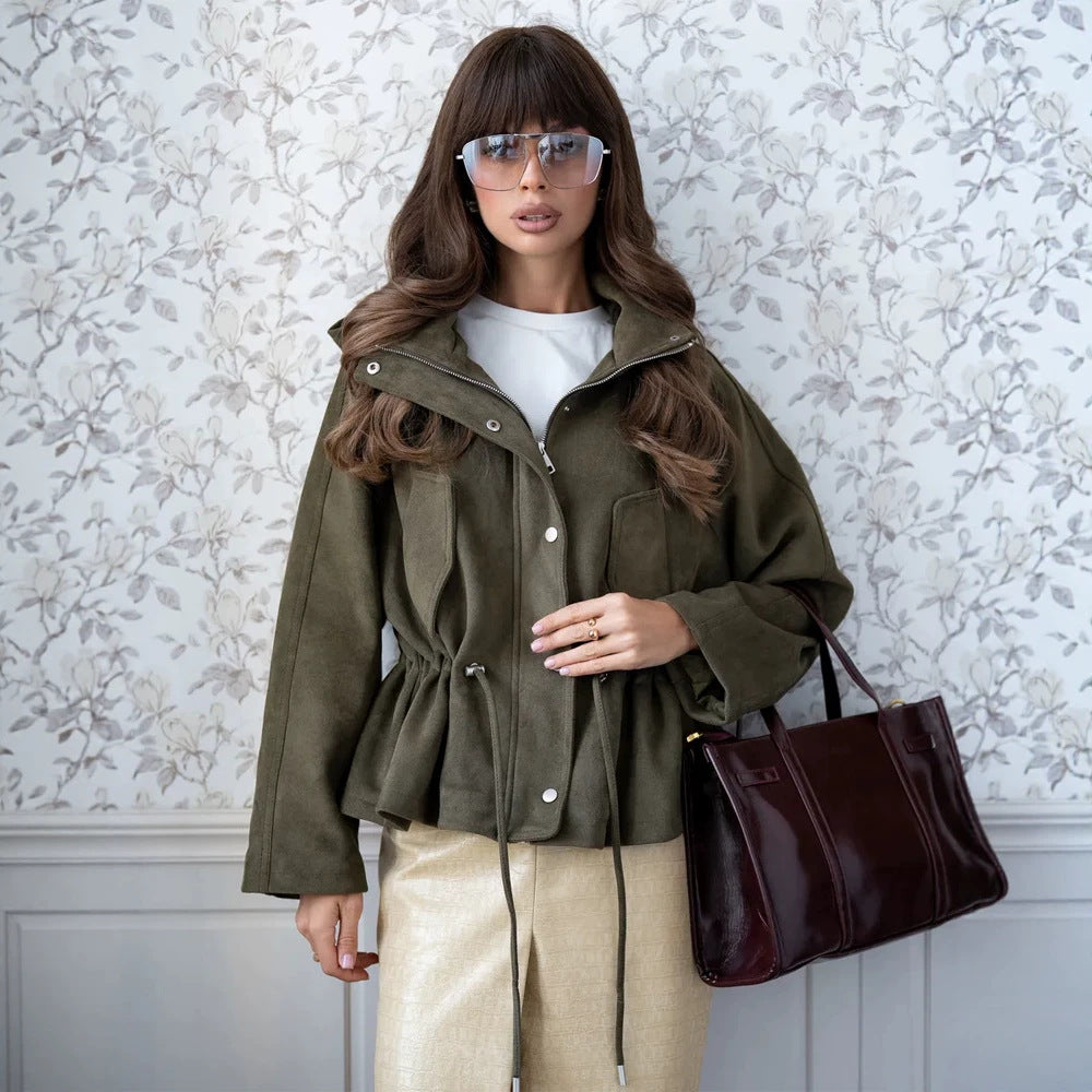 Damen Kurzblouson aus Veloursleder-Optik mit Kapuze, Tunnelzug‑Taillierung und Pattentaschen Shop Nory