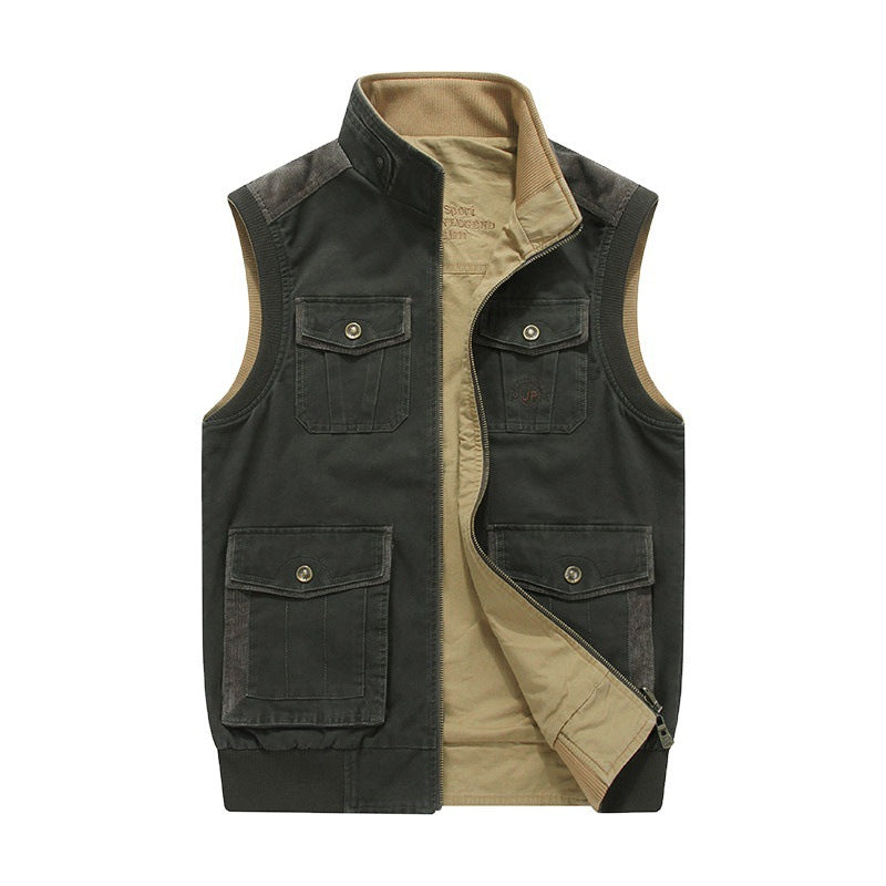 Herren Canvas-Utility-Weste mit Mehrfach-Taschen Stehkragen und Reißverschluss Shop Nory