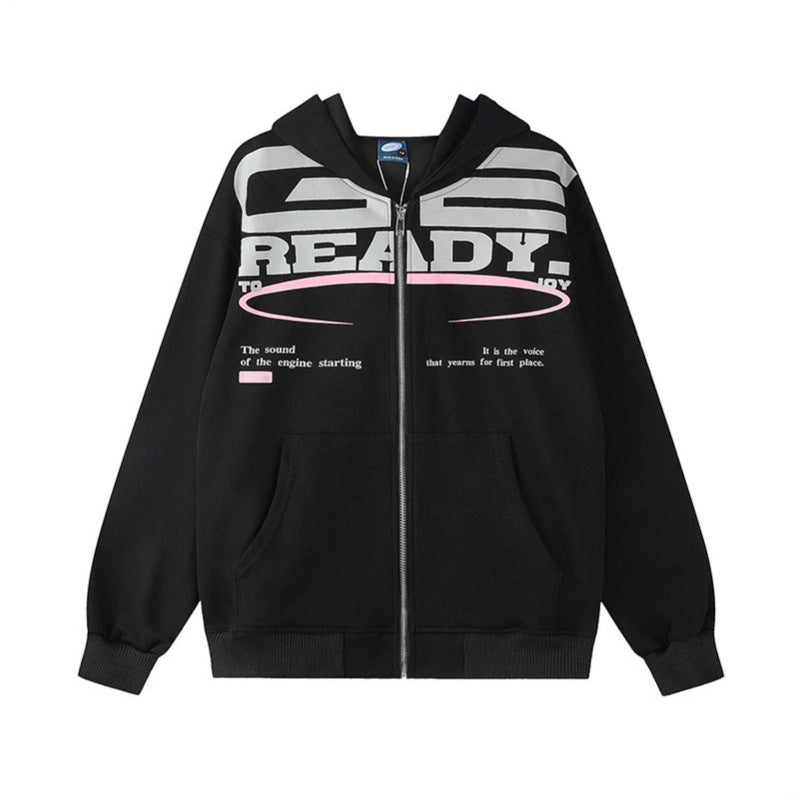 Damen Kapuzen-Sweatjacke mit durchgehendem Reißverschluss, Oversize-Schnitt und Statement-Frontprint Shop Nory